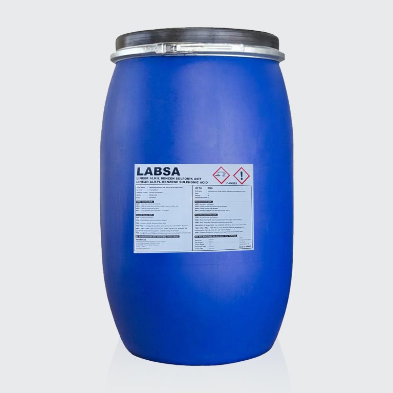 LABSA 96% in a blue HDPE drum with GHS hazard labelling