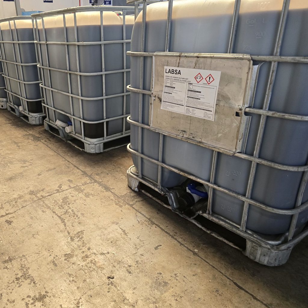 IBC totes of LABSA sulphonic acid labelled and stored at the Nova Plus warehouse