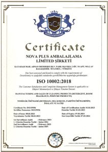 Nova Plus ISO 10002 customer satisfaction certificate