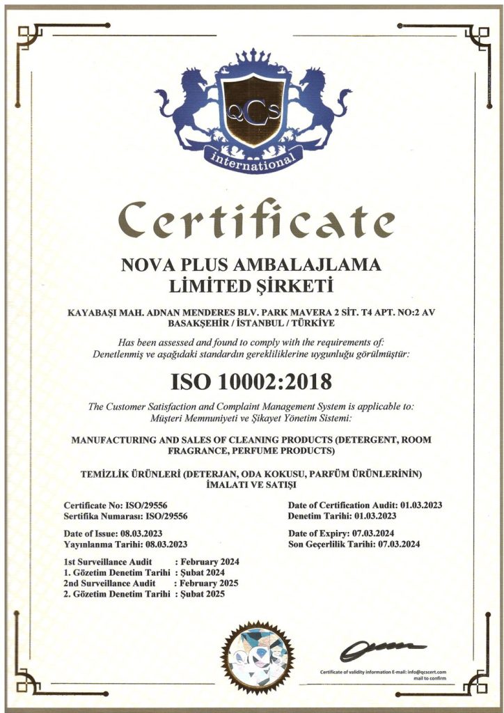 Nova Plus ISO 10002 customer satisfaction certificate