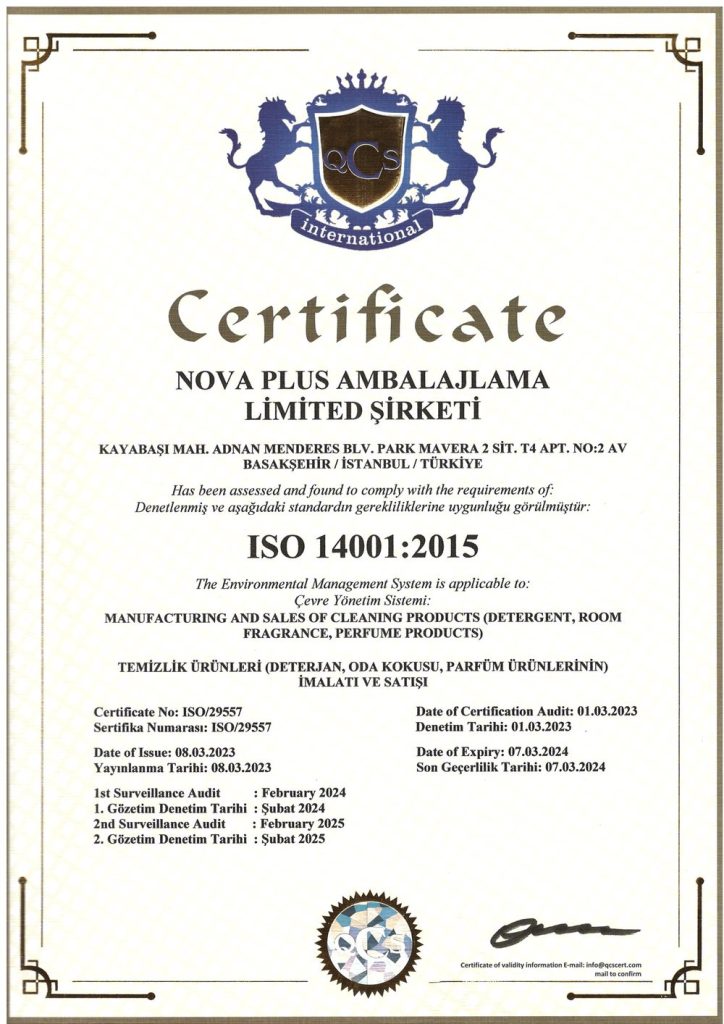 Nova Plus ISO 14001 environmental management certificate