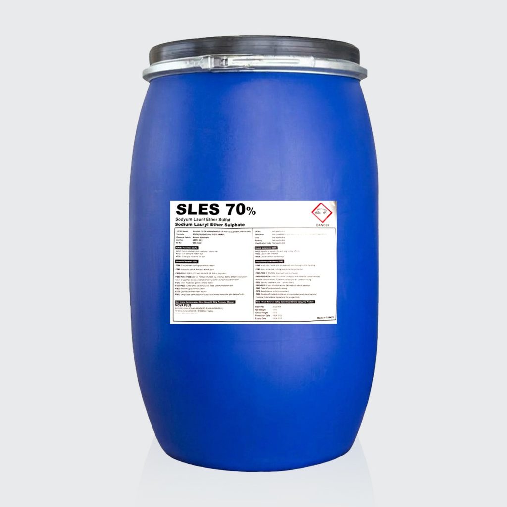SLES 70% in a blue HDPE drum with product and hazard labelling