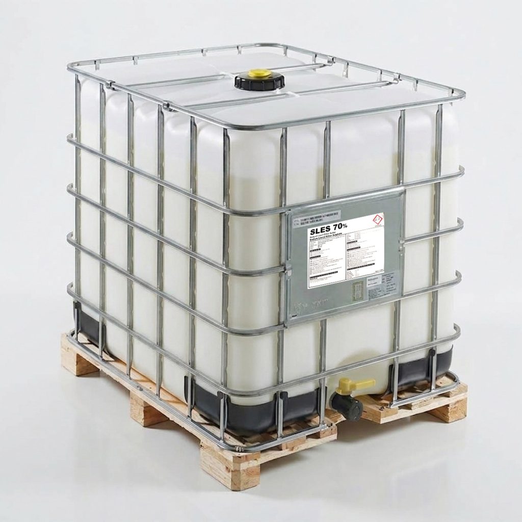 SLES 70% sodium lauryl ether sulphate in a 1000 L IBC tote on a pallet