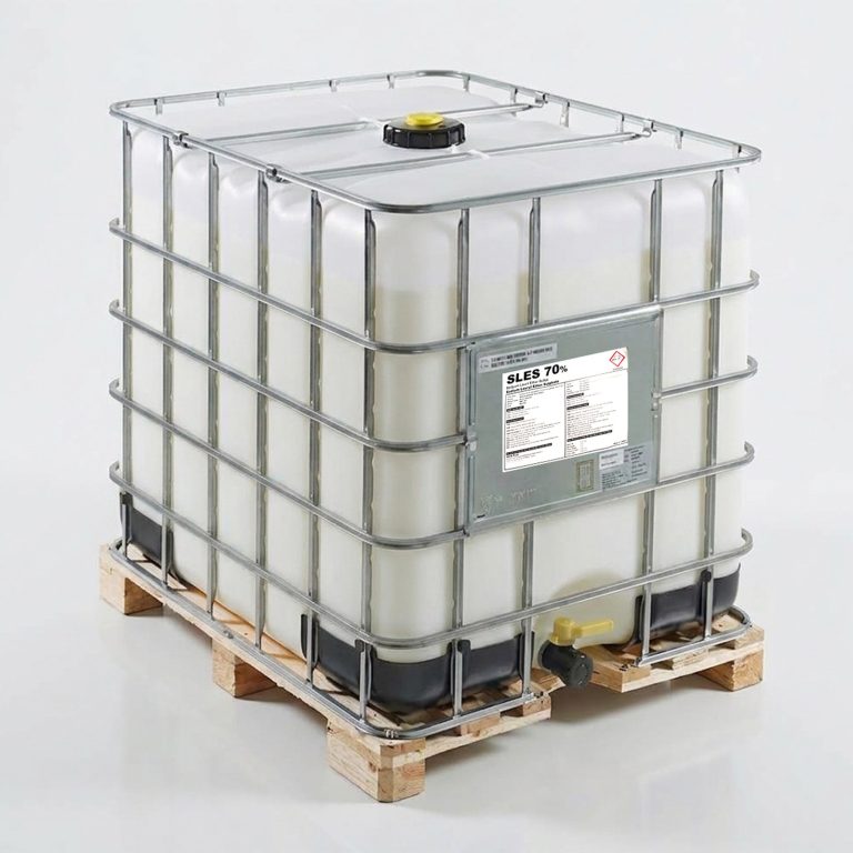 SLES 70% sodium lauryl ether sulphate in a 1000 L IBC tote on a pallet